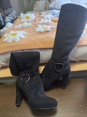 Impo Black Over-the-Knee Suede-Look Heeled Boots with Hexagon Buckle